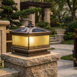 All-Copper Upturned-Eave Solar Post Top Light for Villa Gate and Garden