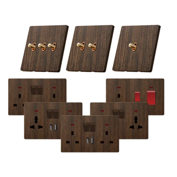 Retro Toggle Lever Wall Switch Faux Walnut Wood Grain Panel PC 86 Gang Multi Gang 1/2/3/4 Gang Universal Wall Socket