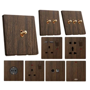 Vintage Imitation Walnut Wood Grain Panel Classic Toggle Lever Operation 13A Universal Socket with Switch USB A+C