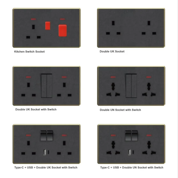 Frosted Wall Switch Socket Universal 13A/16A UK Plastic Board Plating Frame USB+Type C Industrial Hospital IP21 CE ROHS FCC