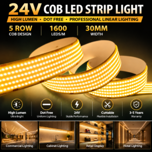 High Lumen 24V COB LED Strip Light 1600 LEDs/M 5 Row Ultra Bright High Density Dot Free LED Tape Light for Commercial Linear