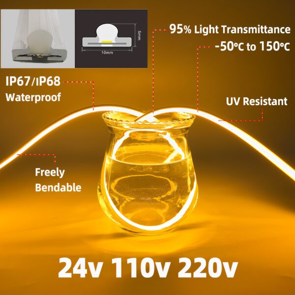 High Transmittance 110V 220V 24V Outdoor IP68 Waterproof FCOB 240leds/m Silicone LED Strip Light 30m No Voltage Drop