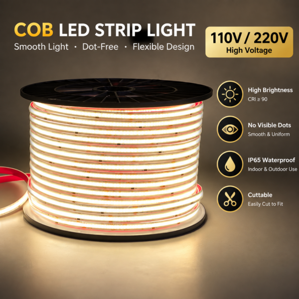 220v 110v LED 100m Roll Flexible Cob Led IP65 Waterproof Dot Free 3000k 4000k 6000k Drive-Free Cob Led Strip Light Outdoor