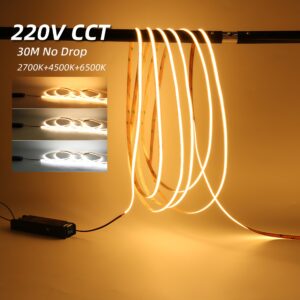 2700K-6500K CCT 220V Cob Led Strip Light Dimmable Three Colour Flexible Cct Cob Led Strip for Furniture/Ceiling/Commercial