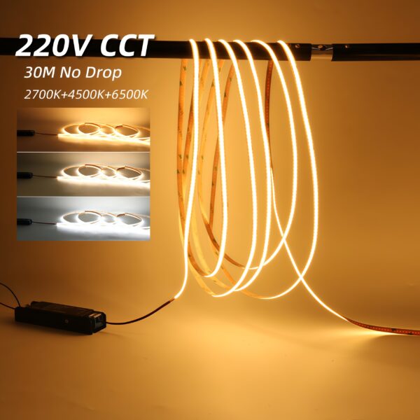 2700K-6500K CCT 220V Cob Led Strip Light Dimmable Three Colour Flexible Cct Cob Led Strip for Furniture/Ceiling/Commercial