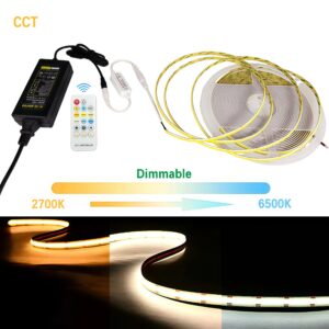 Dimmable Tunable White 2700K-6500K 24V CCT COB LED Strip Lights Kit with Power Supply and Dimmer Controller