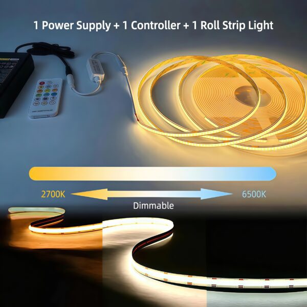 24V COB LED Strip Light Kit CCT Tunable Dimmable 2700K-6500K Cuttable LED Tape Light Kit with Remote Controller & Power Supply