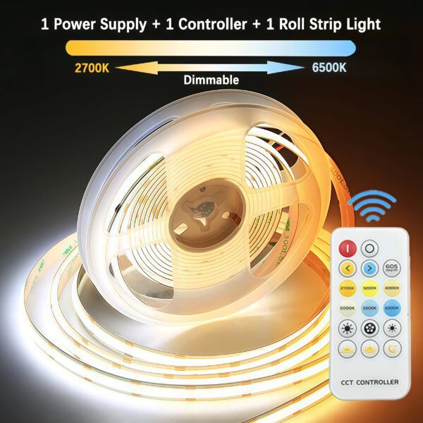 CCT COB LED Strip Light Kit with RF Dimmer Controller 2700~6500K Color Temperature Dimmable 24V Cct Led Strip