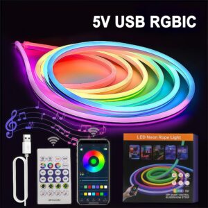 LED RGBIC Neon 3m/Roll 5m/Roll Flexible Tape Light USB App/Remote Control Sync with Music Cuttable Easy Installation