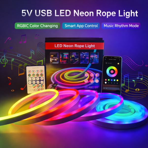 USB 5V LED Neon LED Strip Lights Neon Rope Light Remote/App Control Music Sync RGBIC Dreamcolor Chasing Strip for DIY Decor
