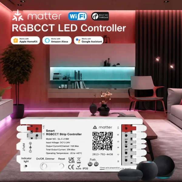 Matter Thread 5 in 1 LED RGBCW Controller 20A Smart Home RGBCCT With Voice Control Compatible Apple/Alexa/Google LED Home Hotel