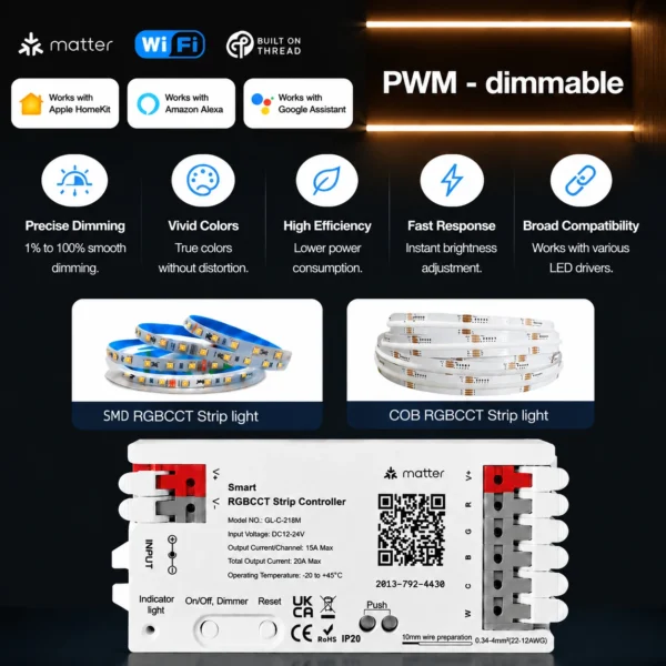 Matter WIFI 20A Max Smart LED RGBCCT Controller Matter Threed 5-24V Flame Retardant PC Material for Alexa Google Home Kit App