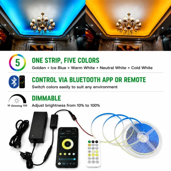Smart 5-in-1 LED Strips Kit RGB Tunable White LED Strip Light with Power Supply Controller Remote for Home Decoration