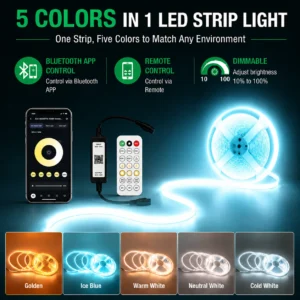 5-in-1 LED Strip Light Kit 10m/roll with Bluetooth APP & Remote Control Dimmable Color Changing LED Tape Light