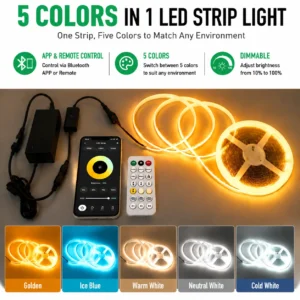 LED Strip Light Kit with LED Power Supply and Controller 5-in-1 Color Changing RGB Tunable White LED Strips for Home Lighting
