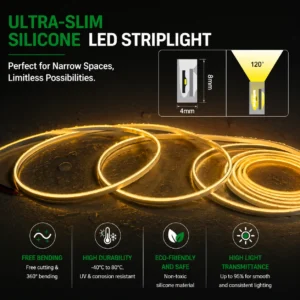 Ultra Narrow Silicone 24V LED Strip Light 4x8mm IP67 Waterproof Flexible Lighting for Cabinet and Furniture