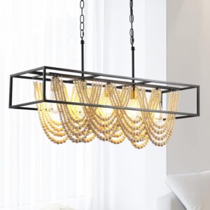 Square Metal Finish Natural Color Wooden Beads Bathroom Living Room Entryway Bedroom Beaded Chandelier Pendant Light Fixture
