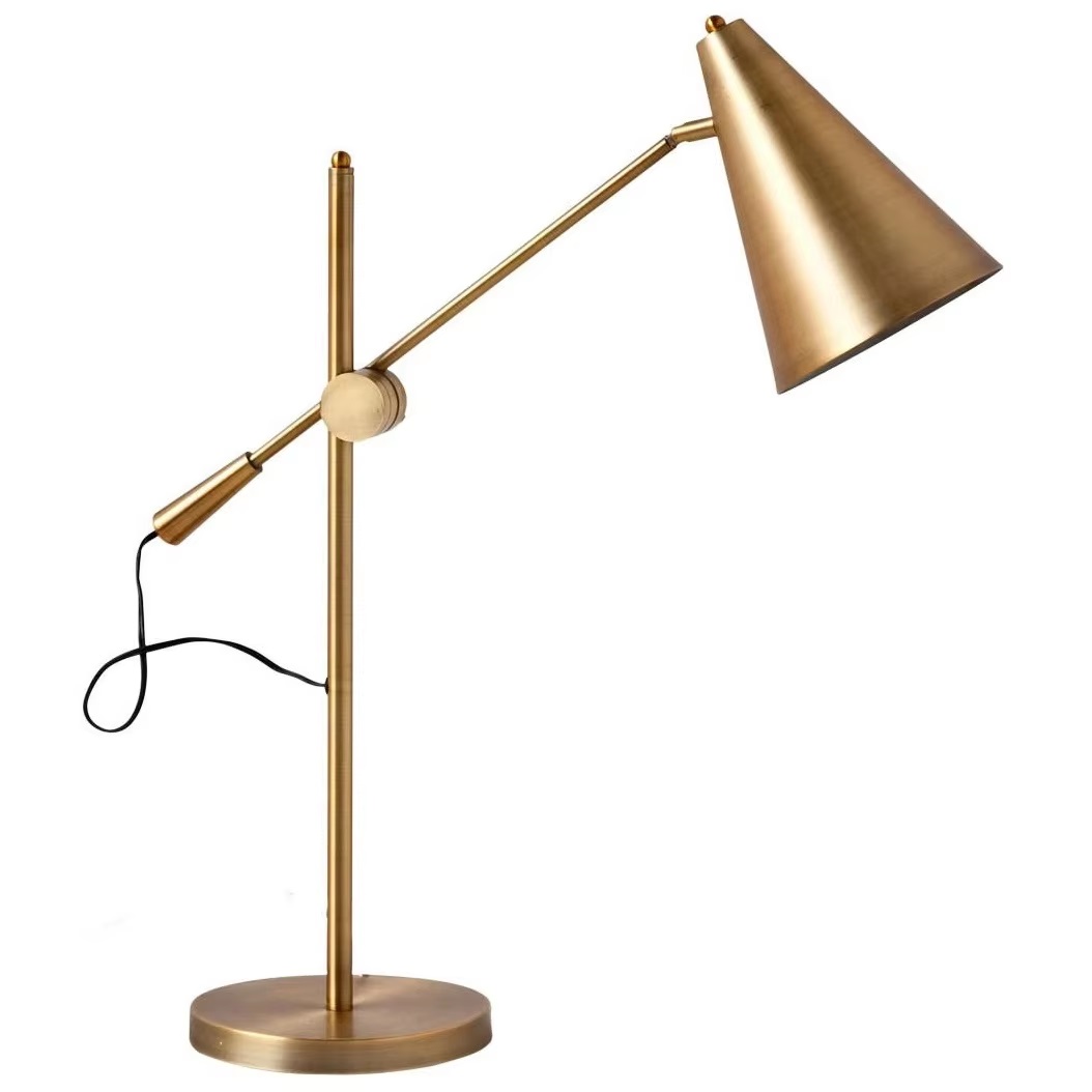 Adjustable Polished Brass Finish Desk Lamp with Sturdy Base and Large Lightbulb Cone