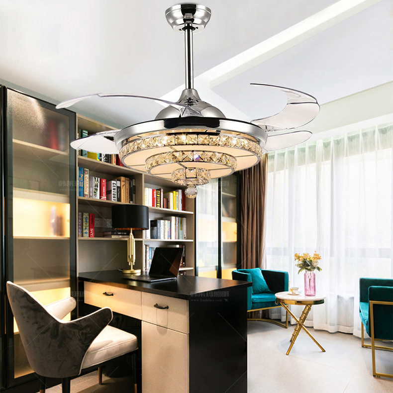 Retractable Ceiling Fan with Light and Speaker 7 Changing Color LED 36W 42 Inch Fan Chandelier with Remote