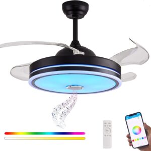 Ceiling Fan with Light Fandelier, Retractable Ceiling Fan Light and Music Speaker RGB Color Changing With Remote Controller