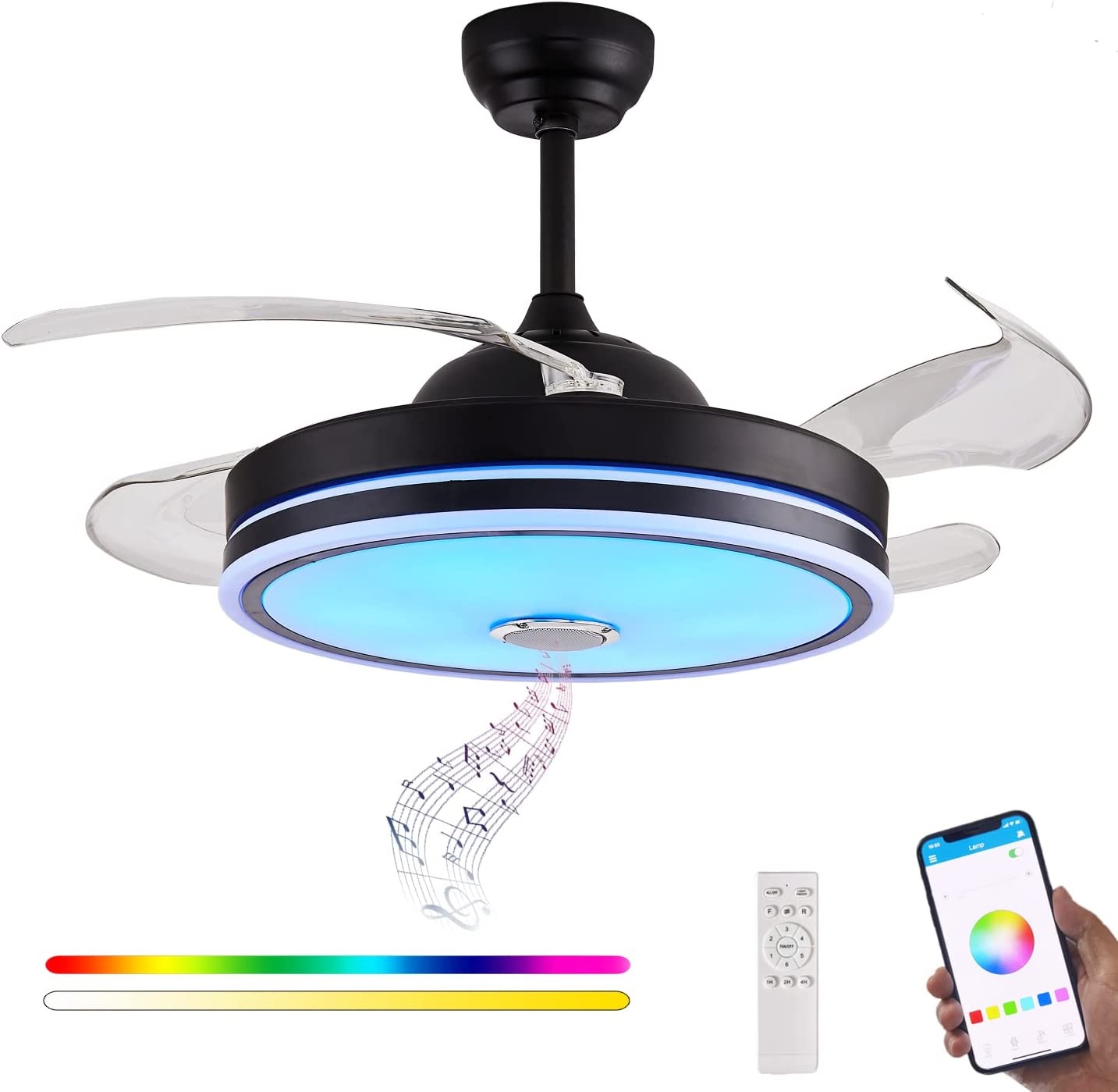 Ceiling Fan with Light Fandelier, Retractable Ceiling Fan Light and Music Speaker RGB Color Changing With Remote Controller