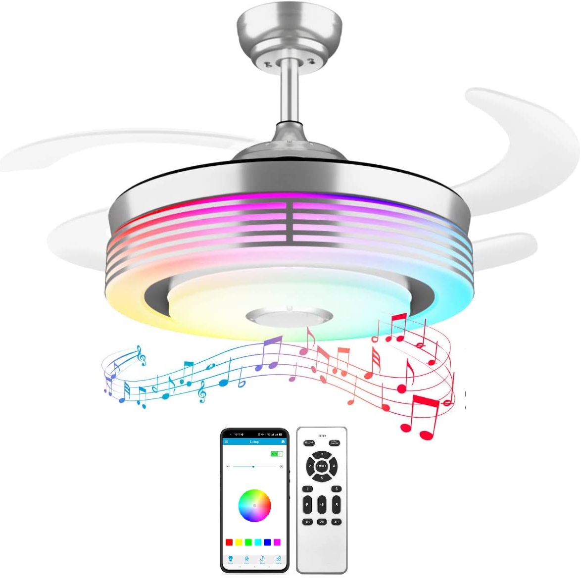Modern Chandelier Ceiling Fan Light RGB Color Dimmable Retractable Ceiling Fan with APP Remote Speaker Music Invisible