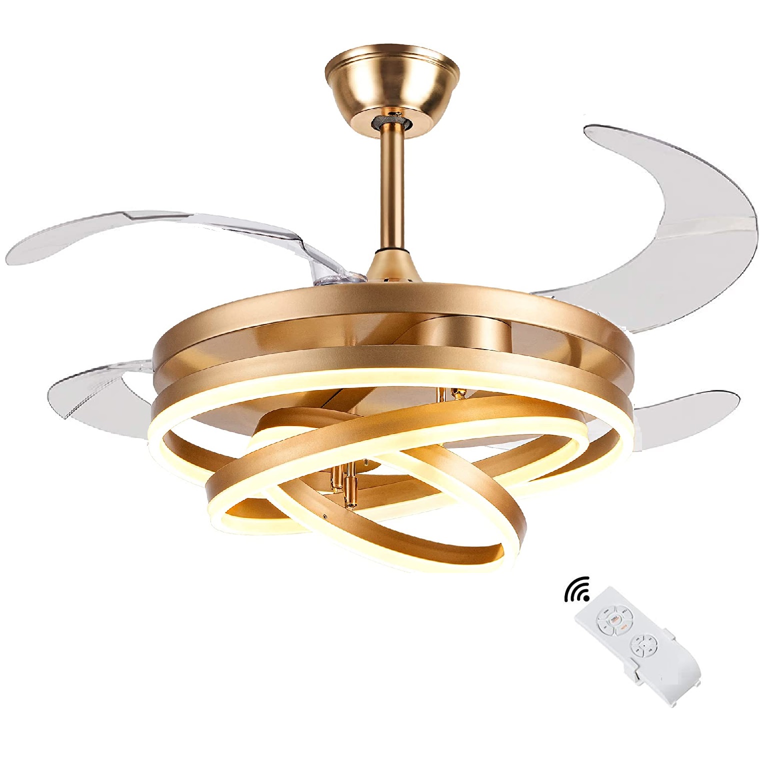 42 Inch Retractable Modern LED Ceiling Fan Light Semi Flush Chandelier Led 3 Color 3 Speed