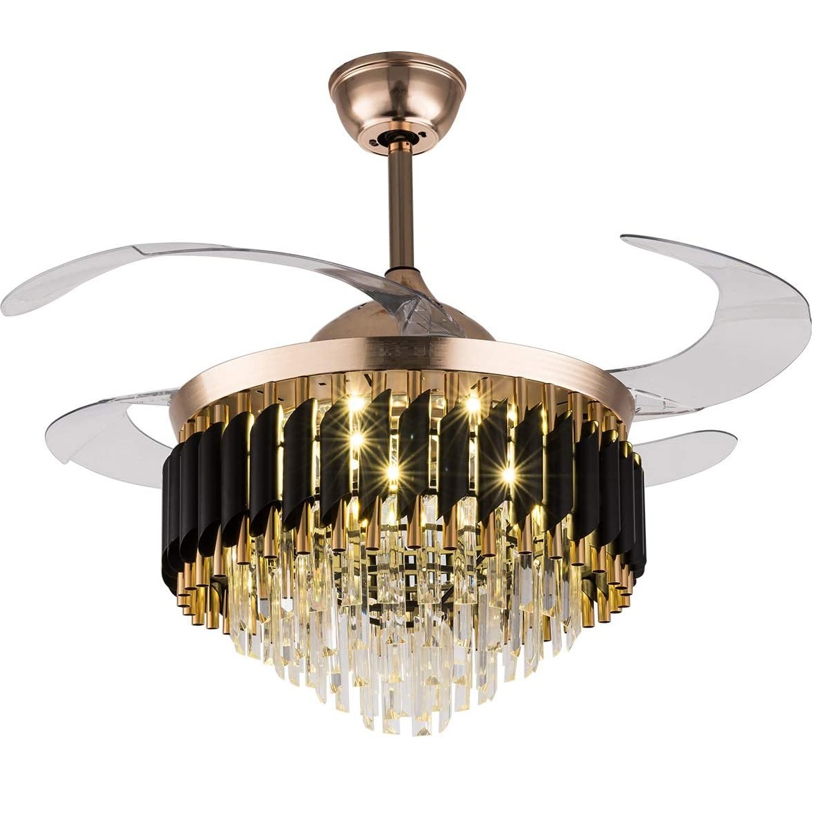 Crystal Ceiling Fan Chandelier Indoor Hiding 42 Inch Polished Gold Retractable Ceiling Fan Light