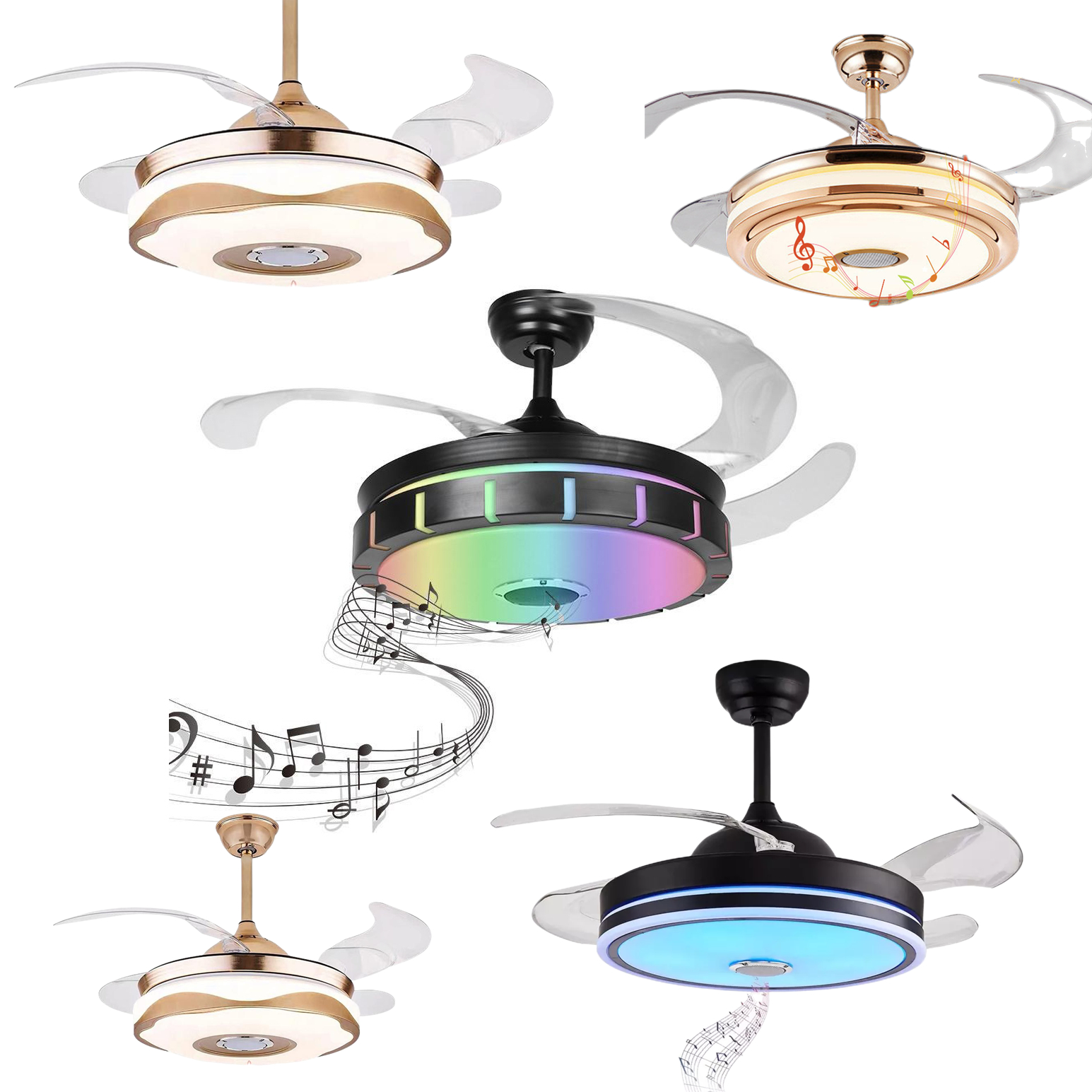 Retractable Ceiling Fan with Light and Speaker 7 Changing Color LED Fan Chandelier with Remote 36W (42 Inch)