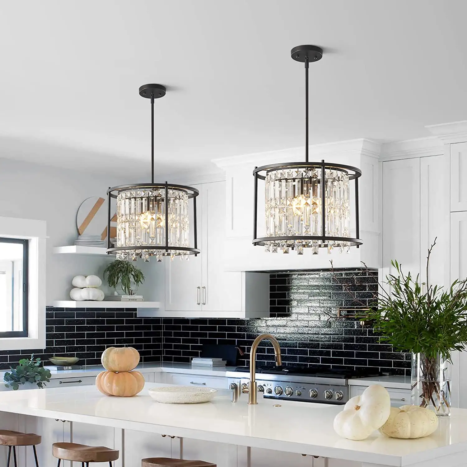 Nordic Modern Indoor Luxury Round Pendant Light Black Gold LED Hanging K9 Crystal Chandelier