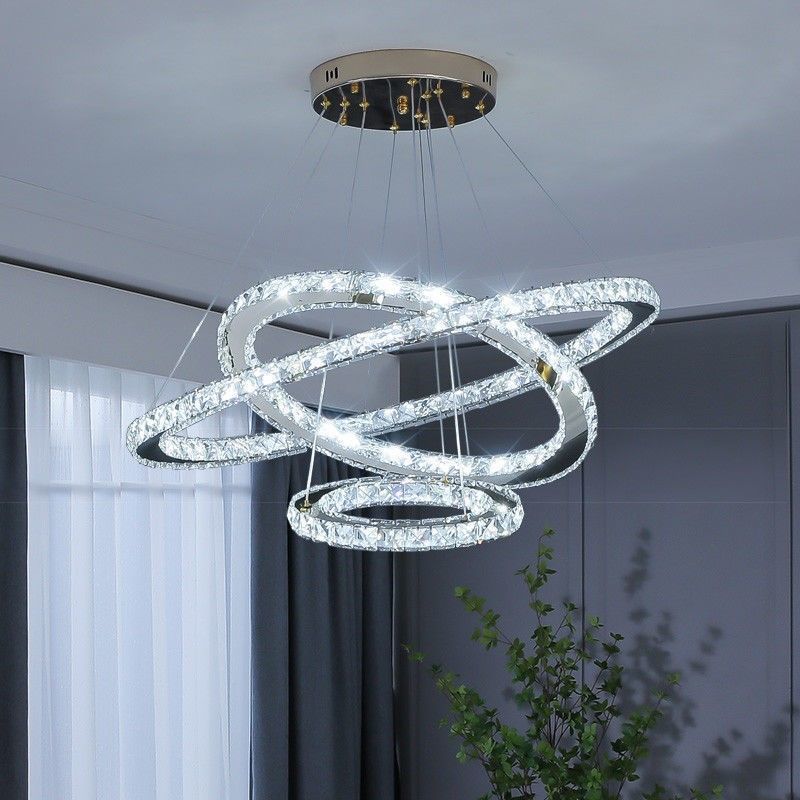Luxury K9 Crystal Rings Circle LED Stainless Steel Frame Pendant Light Chandelier 3 Rings 20cm 40cm 60cm