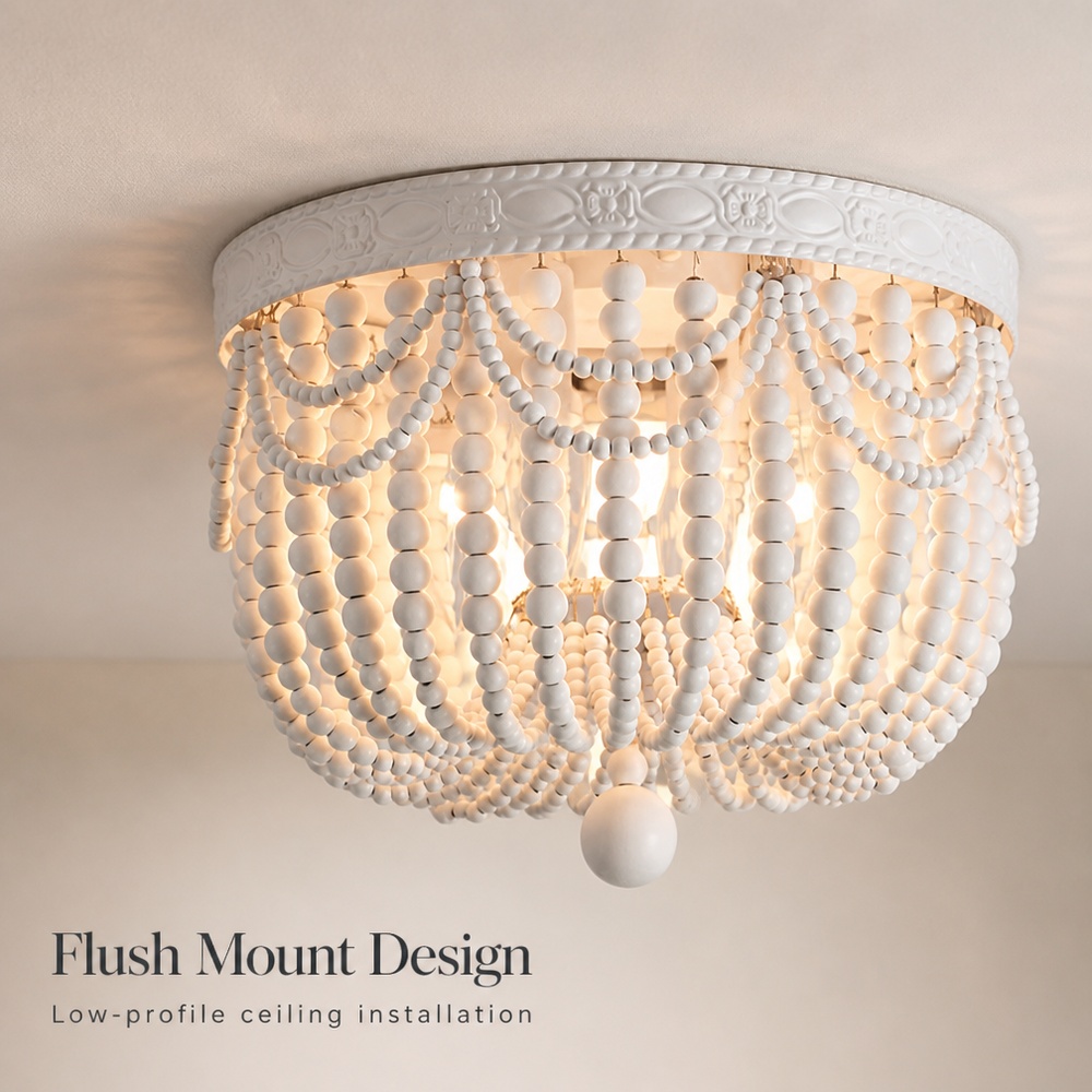 Wooden Bead Ceiling Light Semi-recessed Bohemian Style Suitable for Bedroom Living Room and Dining Room