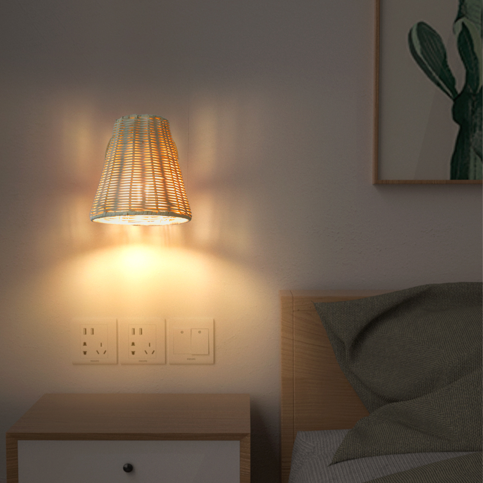 Bedroom Rustic Farmhouse Rattan Bedside Living Room Vanity Hallway Wall Lamp Cordless Wall Sconces Vintage Fixture Indoor Light