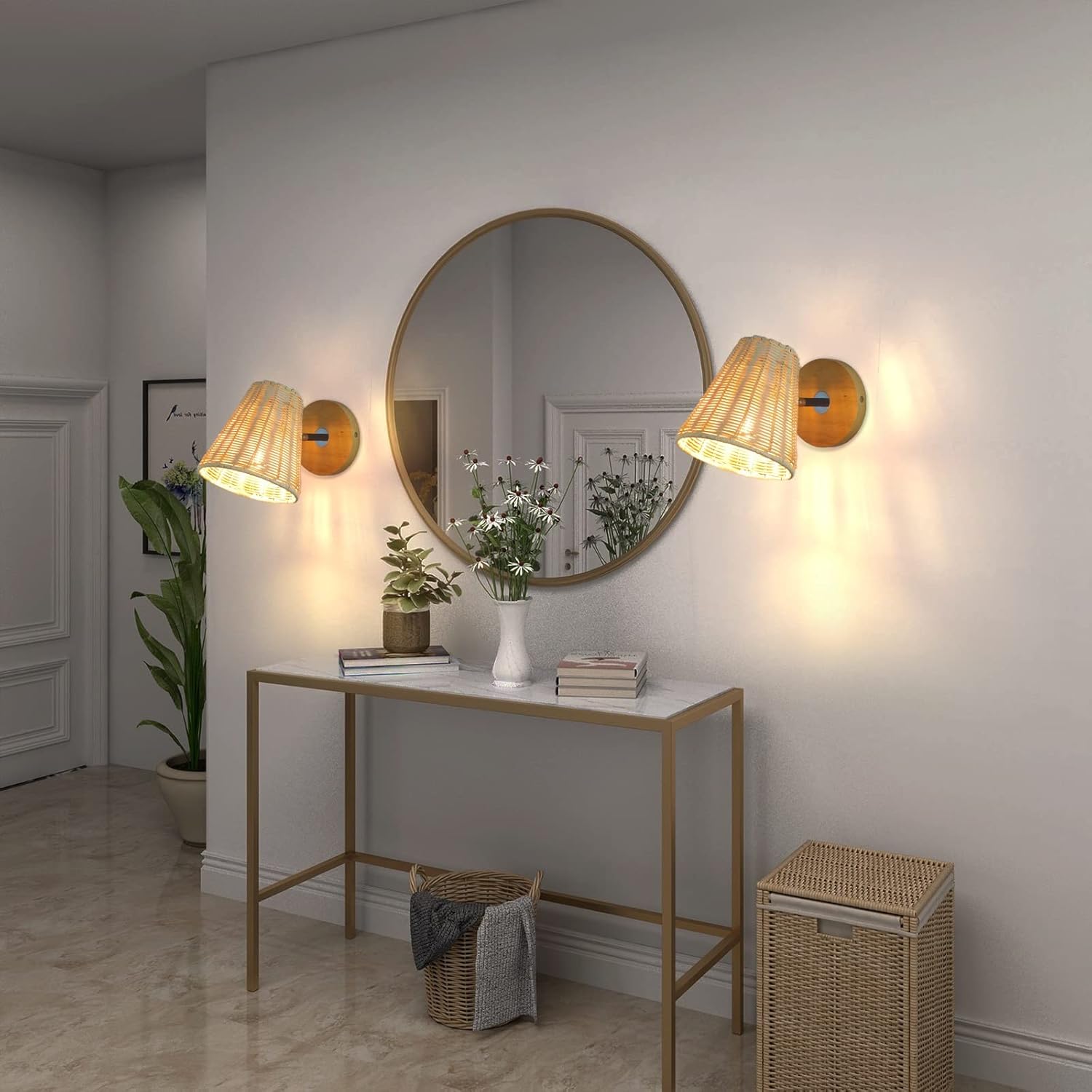 Bamboo Lantern Wall Sconces Wicker Cord Hand Woven Light Farmhouse Rustic Living Room Bedroom Sconces Wall Lighting Lamp