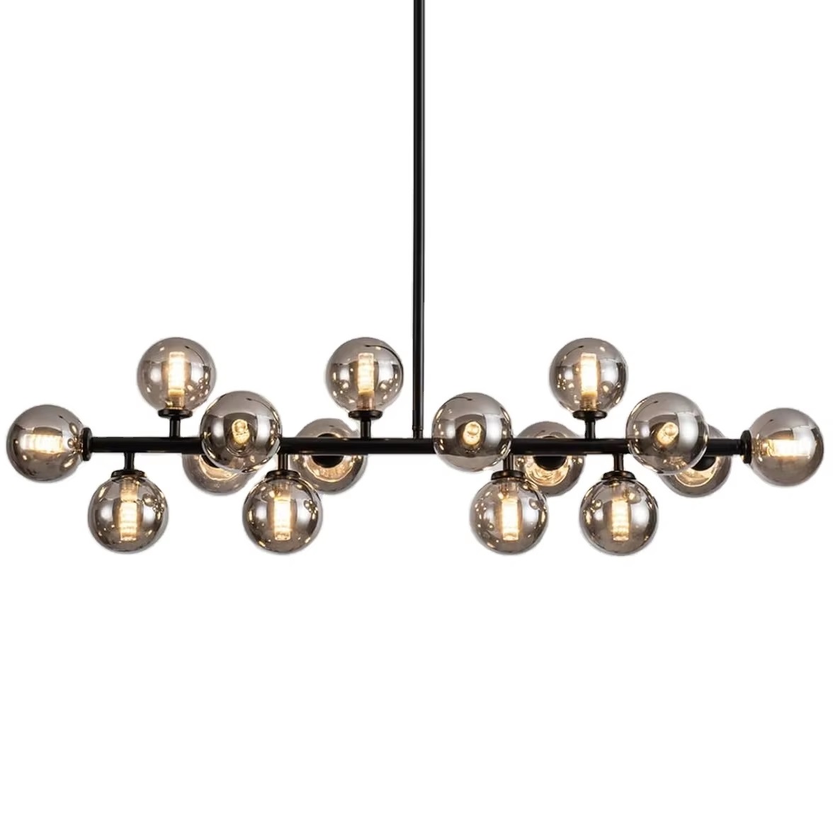 16 Lights Mid Century Modern Chandelier Black Linear Light Fixtures with Smoke Grey Glass Bubble Sputnik Pendant Light