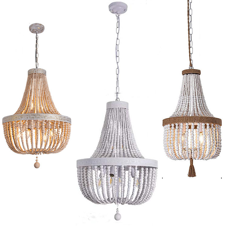 Farmhouse Dining Room Coastal Pendant Light Bedroom Entryway Gold and Oak Finish Light Fixtures Bohemia Wood Beaded Chandelier
