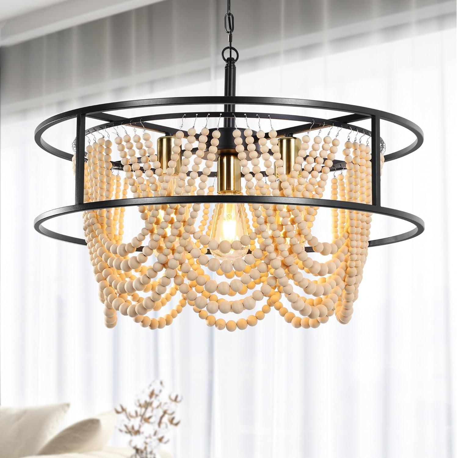 American Country Living Room Dining Room Wooden Bead Chandelier Retro Country Bohemian Living Room Bedroom Rongd Pendant Lamp