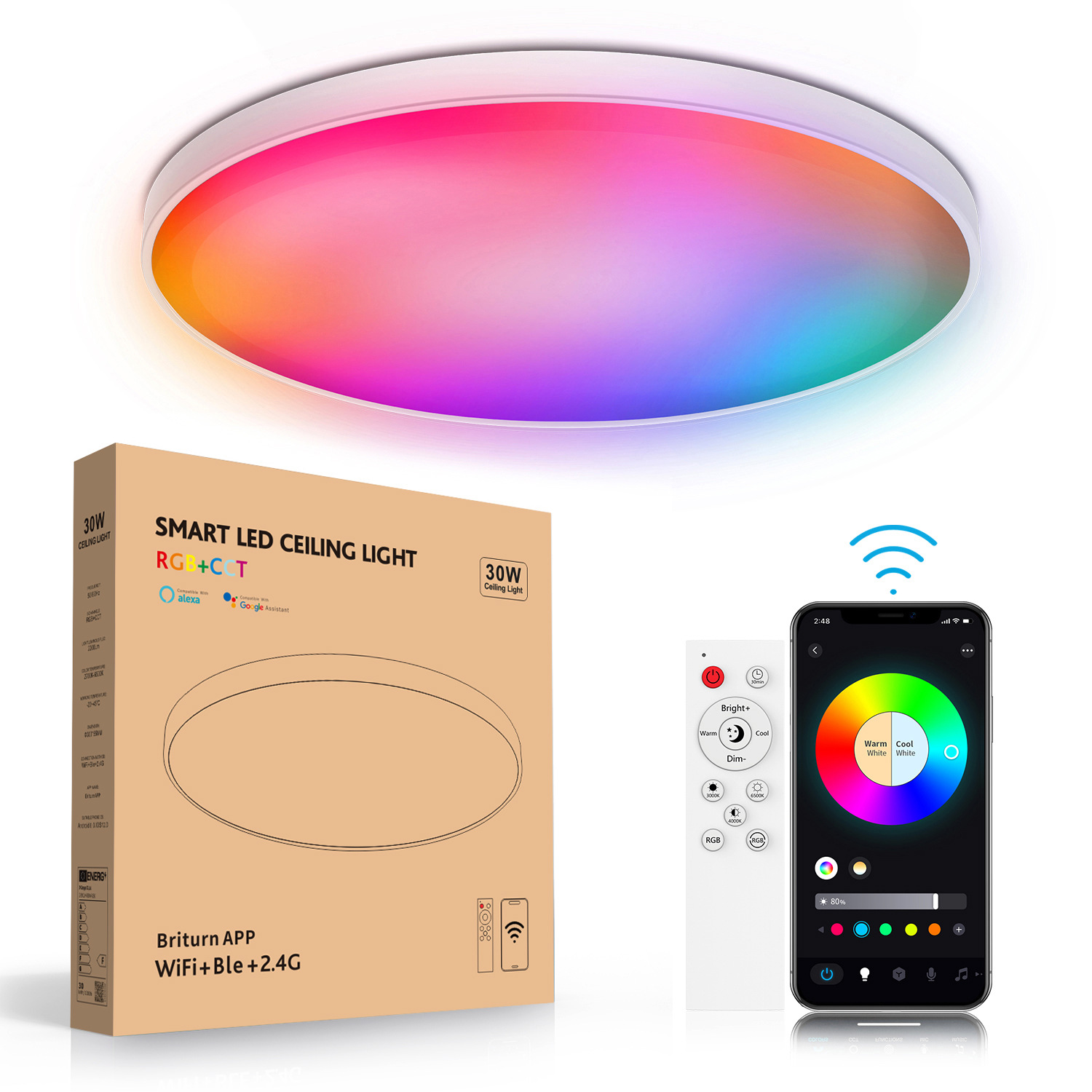 Basements RGB Color Changing Ambient Light Smart Ceiling Light Remote Control 12Inch 30W Flush Mount Ceiling Light