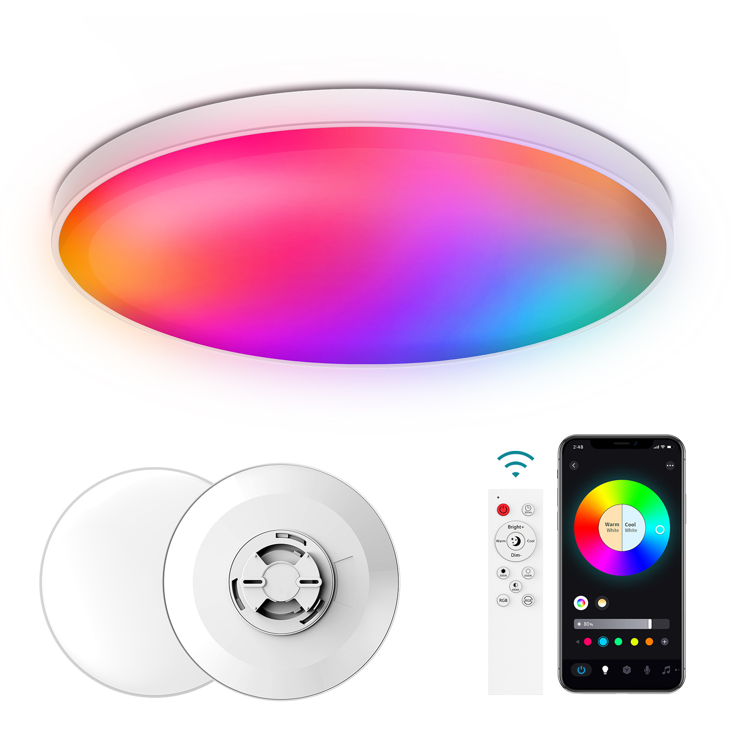 Smart RGB Led Bedroom Living Room WiFi and Tuya App - Color Changing Low Profile Dimmable LED Flush Mount Light Fixture
