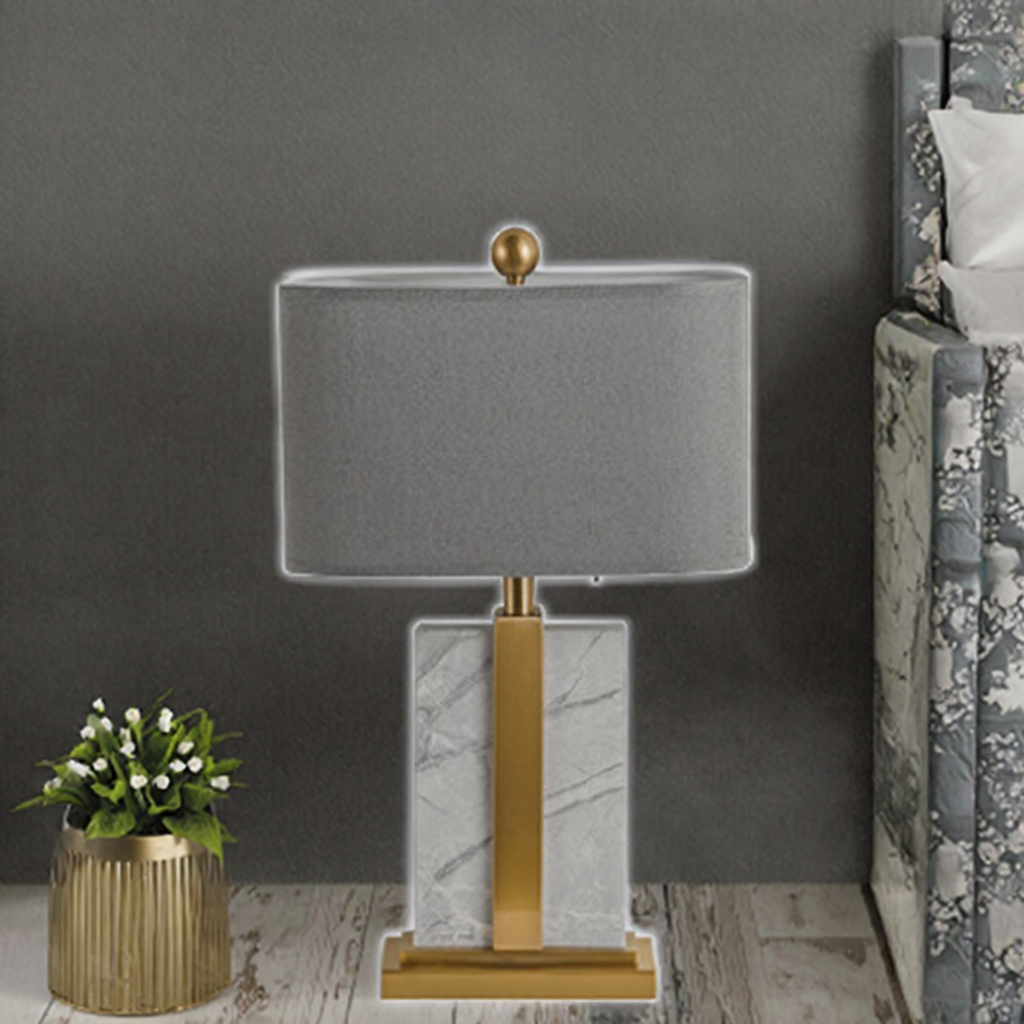 Modern Natural Stone Look Travertine Beside Light with Linen Shades Bedroom Living Room Nightstand Entryway Table Lamp