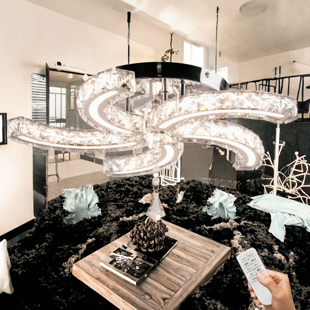 Modern Luxury K9 Crystal Ceiling Lights 5-Head Leaf LED Flush Mount Chandelier Large Size With Switch Control for Living Room