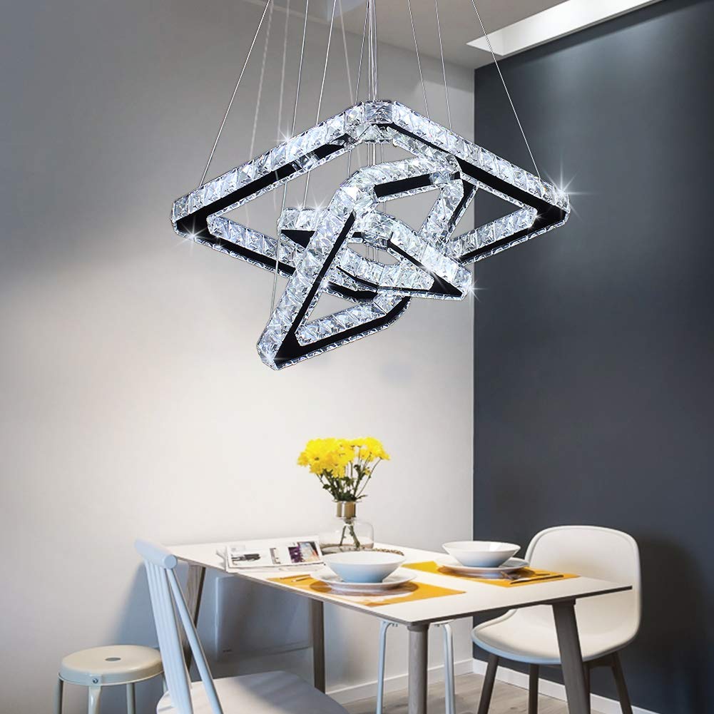 Modern 3-Ring Square Crystal LED Linear Pendant Light Adjustable Island Chandelier Kitchen Home Hotel Restaurant AC Power Source