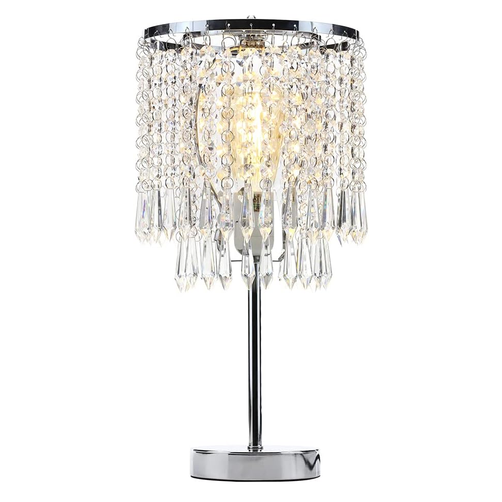 Silver Chrome Crystal Bedside Table Lamp, Modern Nightstand Table Lamp with Crystal Lampshade