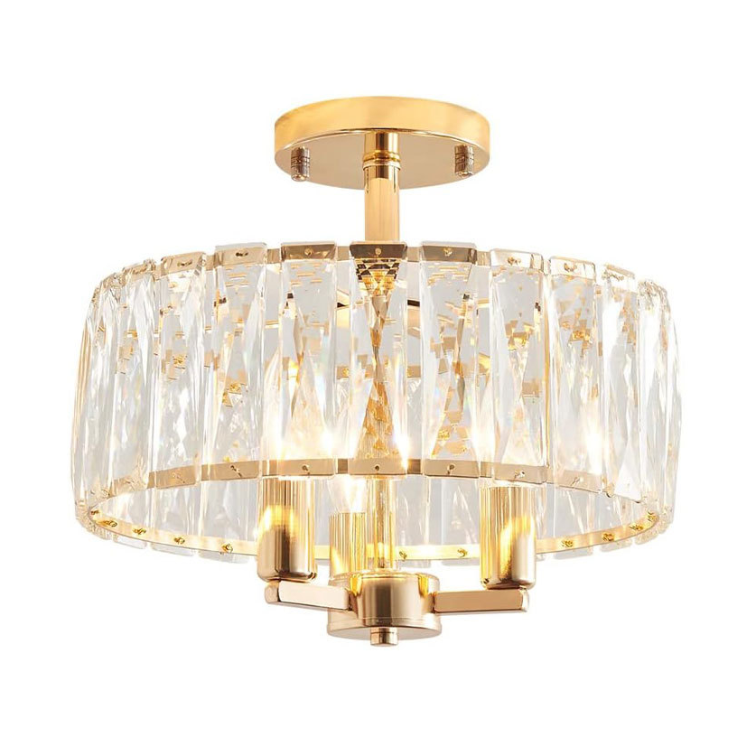 Crystal Ceiling Light Gold Chandelier for Living Room D12'' XH11.2'' E12*3 Sockets Crystal Lampshade & Gold Finish Frame