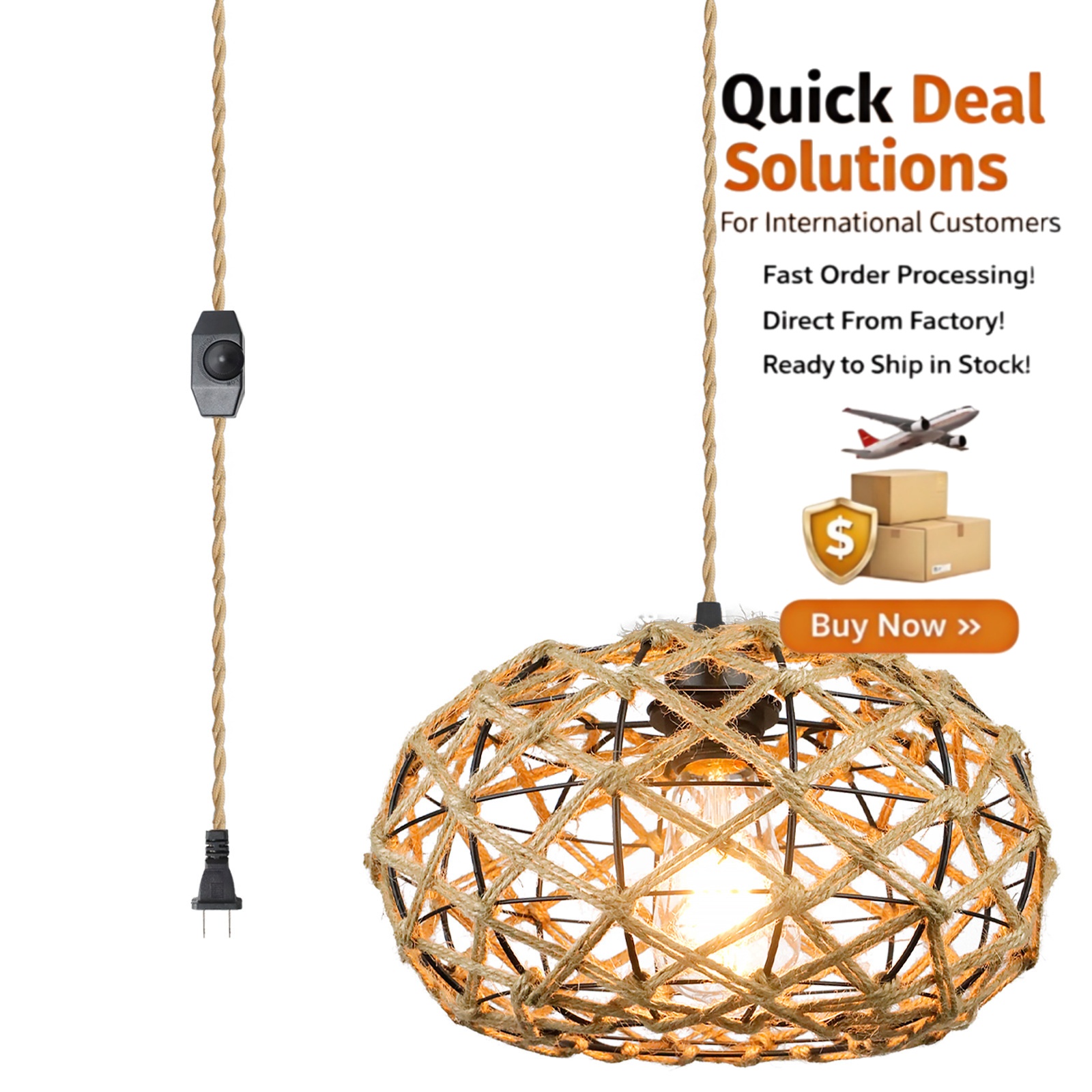 Vintage Natural Pendant Light With Hemp Rope and Wooden Lantern, E27 Bulb for Bedroom Kitchen