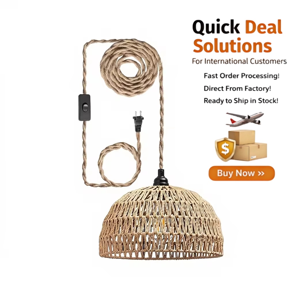 American Hand-Woven Paper Rope LED Lamp With Button Switch, Iron Hemp Rope Chandelier