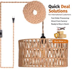 Modern Plug in Pendant Light With Hemp Rope Switch, Bamboo Rattan Chandelier for Bedroom