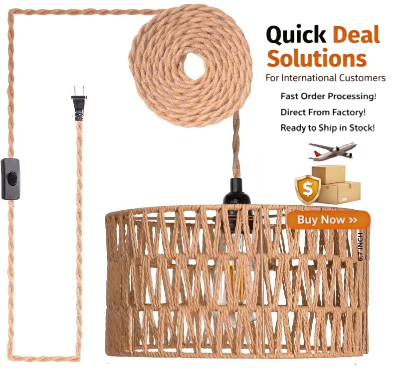 Modern Plug in Pendant Light With Hemp Rope Switch, Bamboo Rattan Chandelier for Bedroom