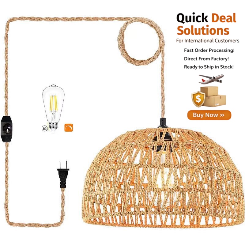 Vintage Paper Rope Woven Ceiling Lamp, LED Chandelier for Bedroom Cloakroom Attic Decor