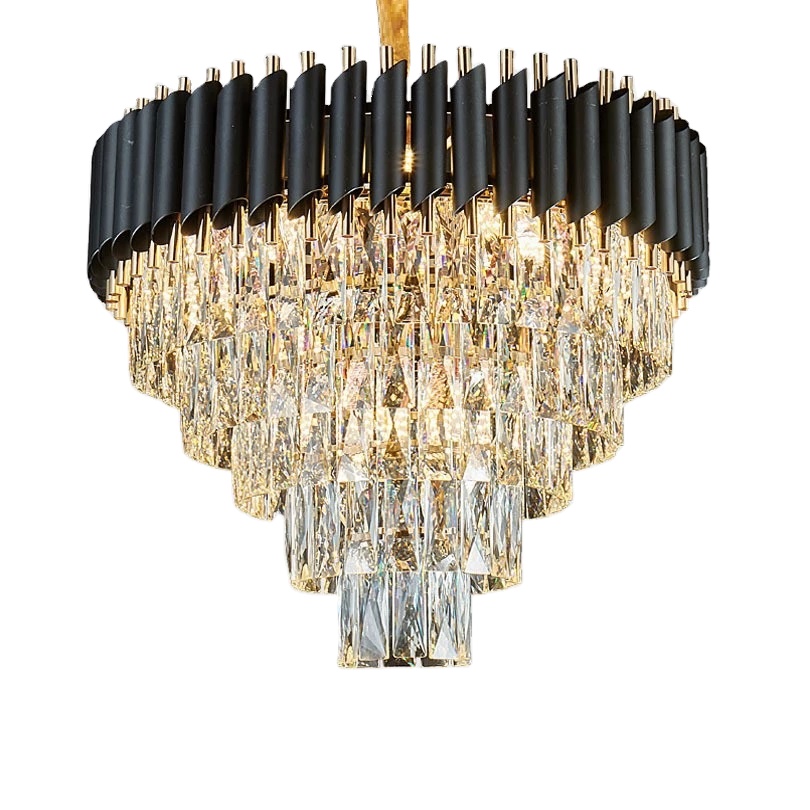 Post Modern Minimalist Designer Model Room Lighting Villa Black and Gold 60cm 5 Tier Large Crystal Chandelier